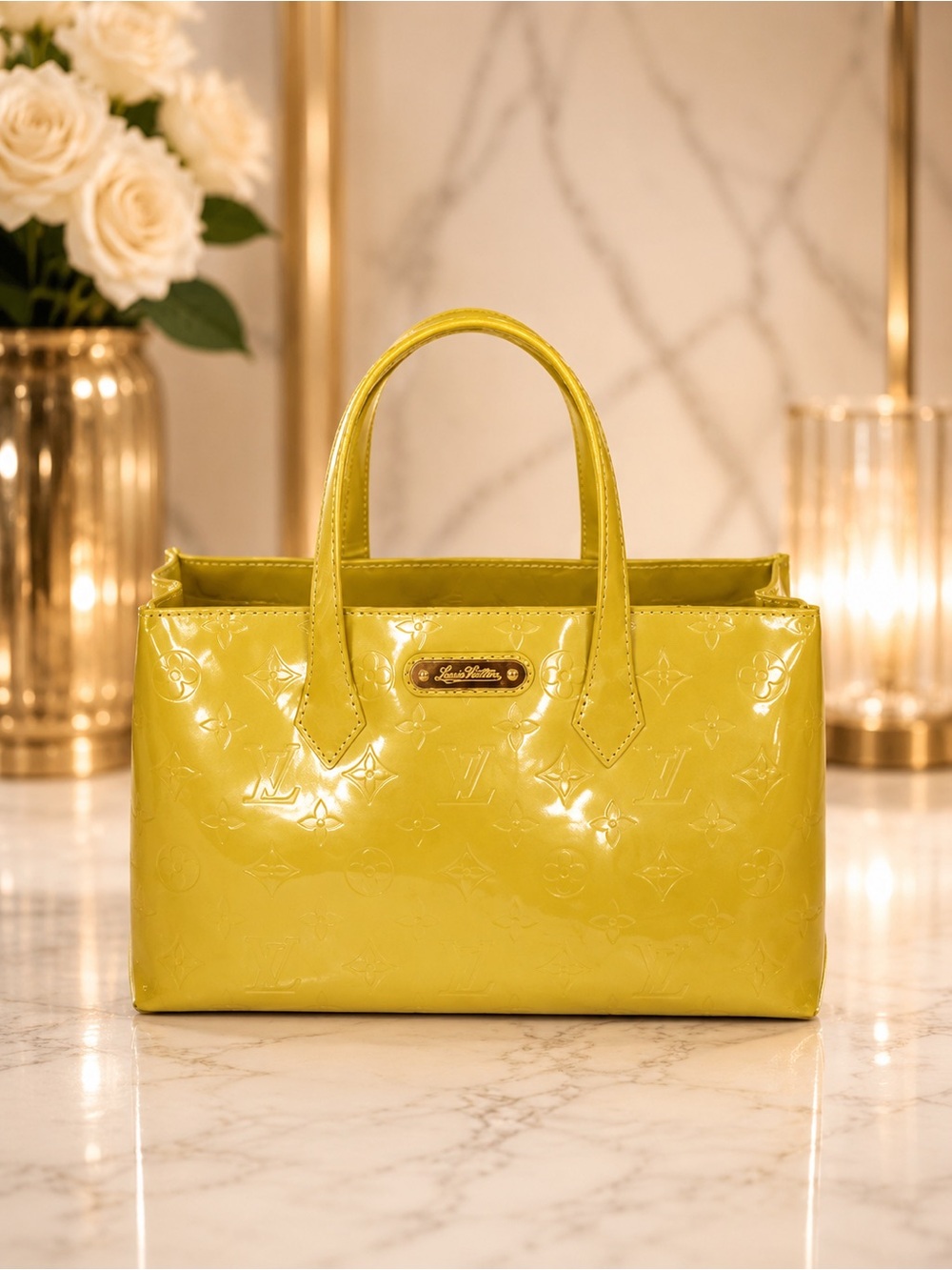 Louis Vuitton Vernis Wilshire PM | Yellow Patent Leather Handbag | Full Set